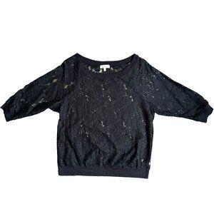 Monteau Black Sheer Lace Top 3/4‎ Sleeves Floral Design L Whimsigoth Fairy